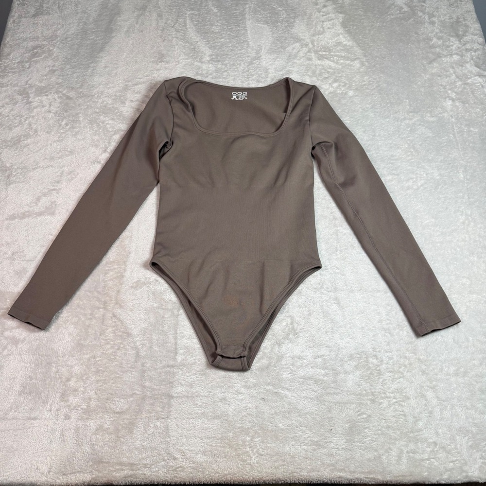 OQQ Womens Long Sleeve Square Neck Ribbed Seamless Bodysuit Taupe Brown Medium
